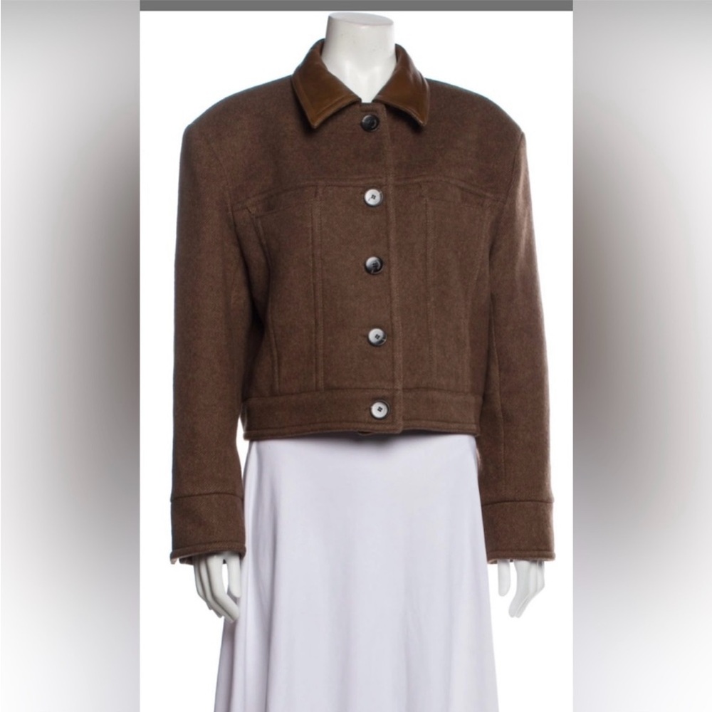 Sandro Brown Cropped Jacket with Leather Collar